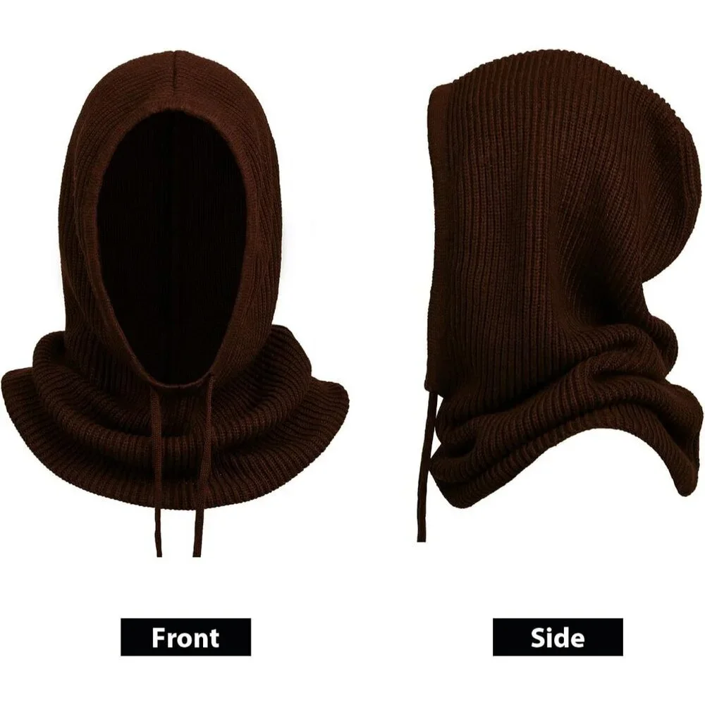 Women's Scarf Hat Balaclava Beanie Skull Cap with Drawstring Warm Hat Coffee - Picture 3 of 7
